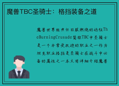 魔兽TBC圣骑士：格挡装备之道